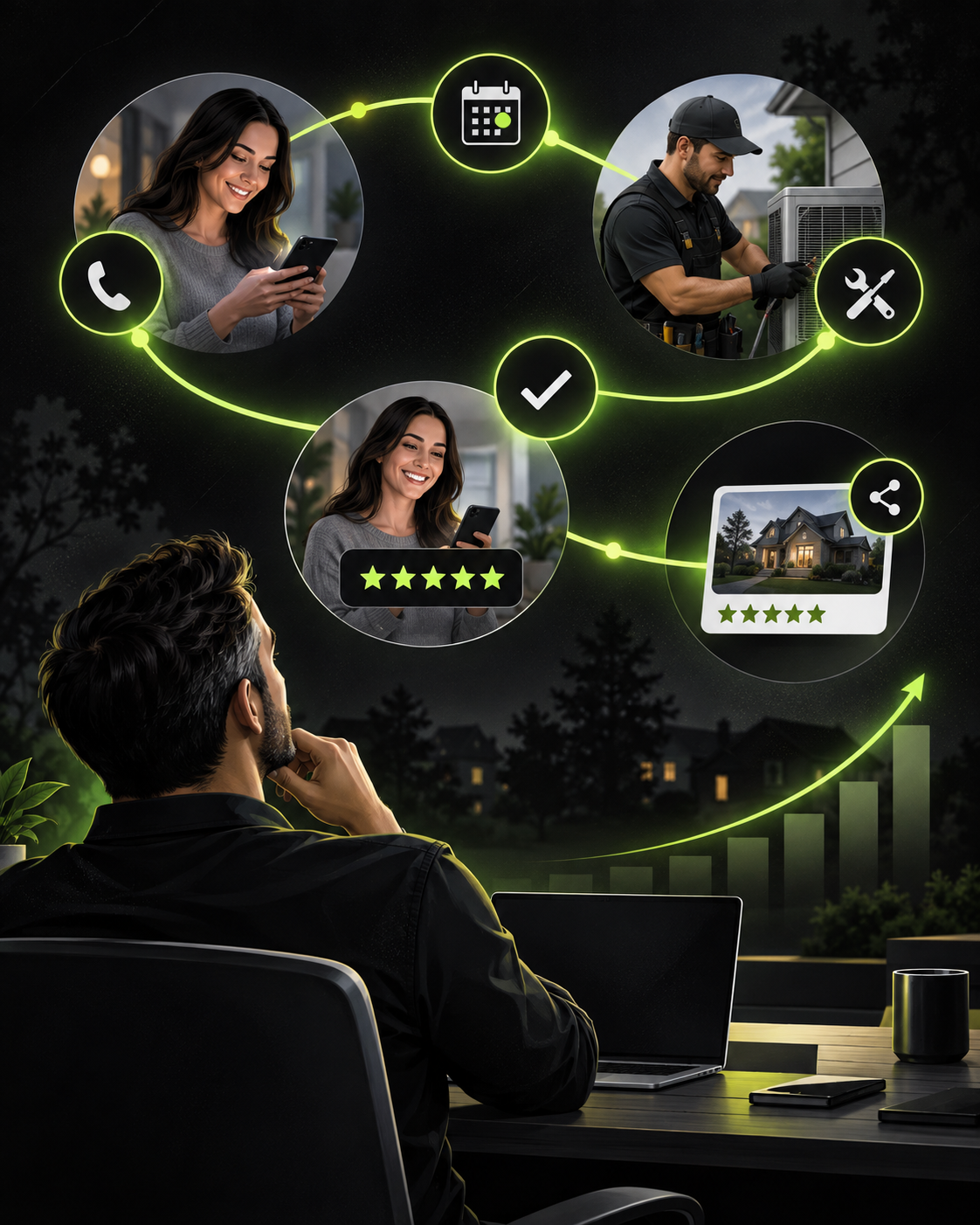 Connected service journey from inquiry and booking to completed work and customer feedback